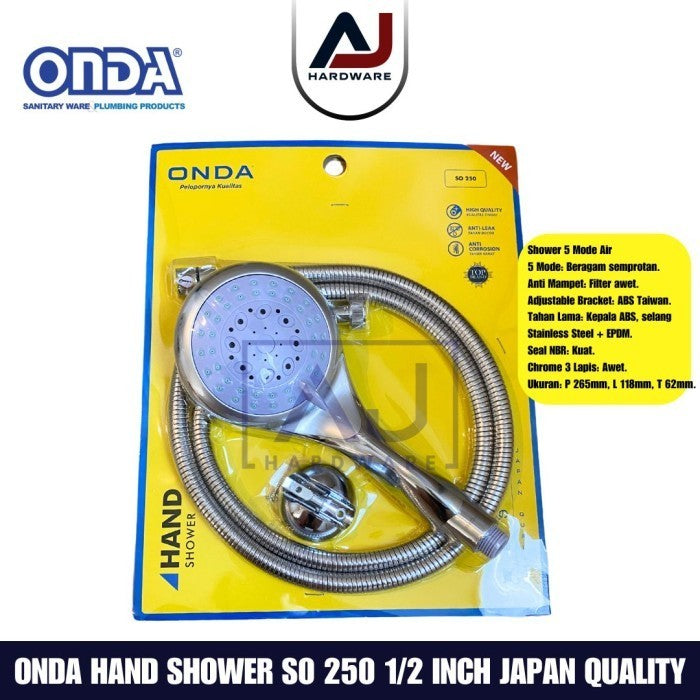 Shower Mandi SO 250 1/2" Onda dengan Selang Fleksibel 1.5 m Chrome Jumbo 5 Mode Air