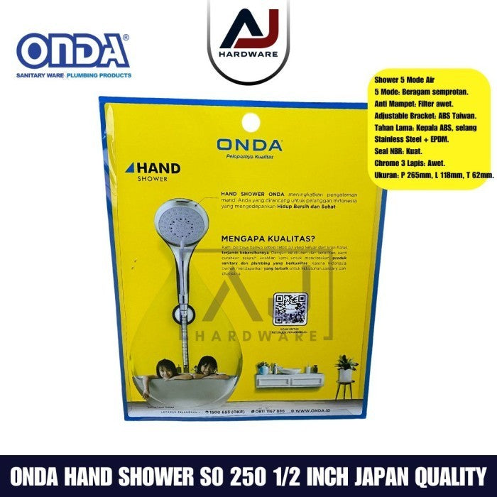 Shower Mandi SO 250 1/2" Onda dengan Selang Fleksibel 1.5 m Chrome Jumbo 5 Mode Air