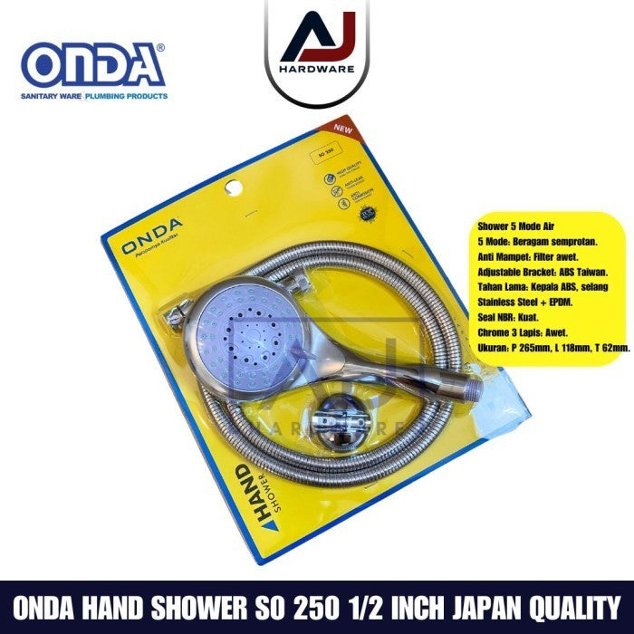 Shower Mandi SO 250 1/2" Onda dengan Selang Fleksibel 1.5 m Chrome Jumbo 5 Mode Air